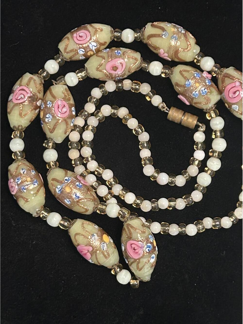 Vintage Handpainted Murano Glass Beaded Necklace Italy 1940-1950s Venetian Art